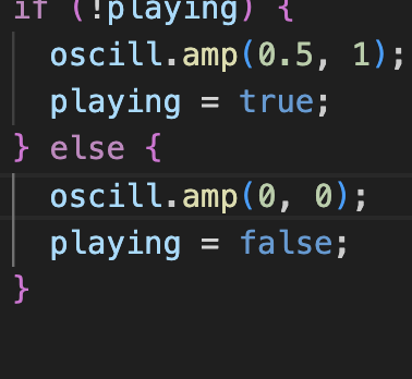 Here I changed the oscill.amp from 1 to 0, so the sound stops immediatetly when you click the button.