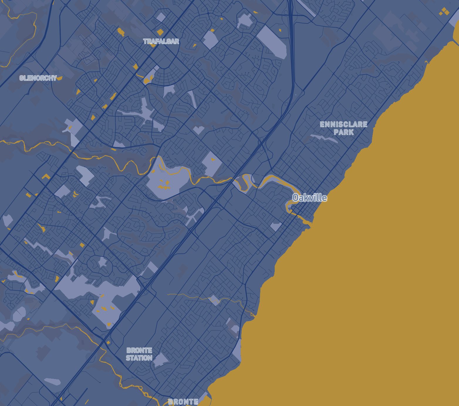 Oakville with the Oakville logo colour pallete. I chose yellow for the lake because Ontario is rich with water.