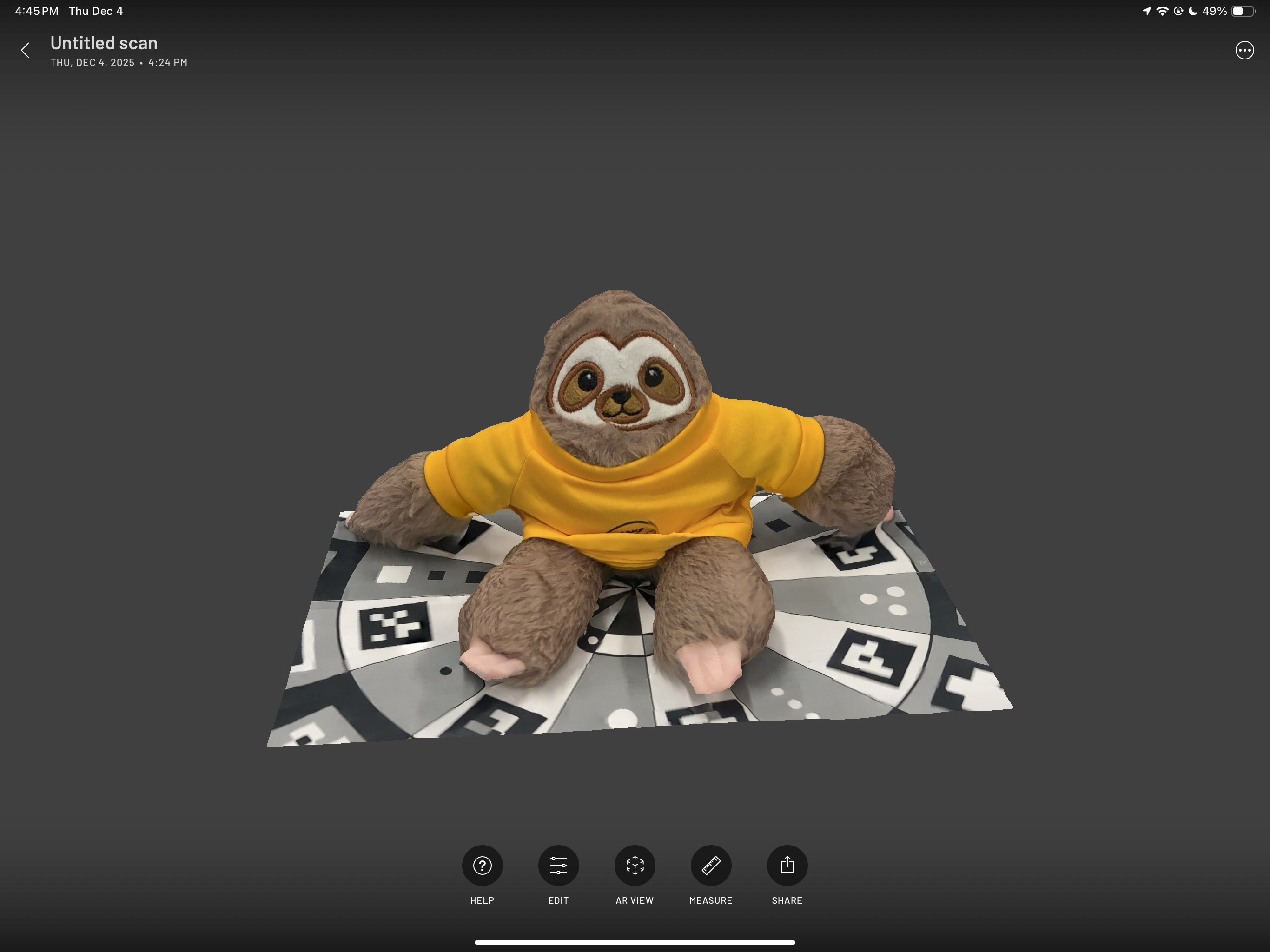 This is the front view of my sloth plushie.