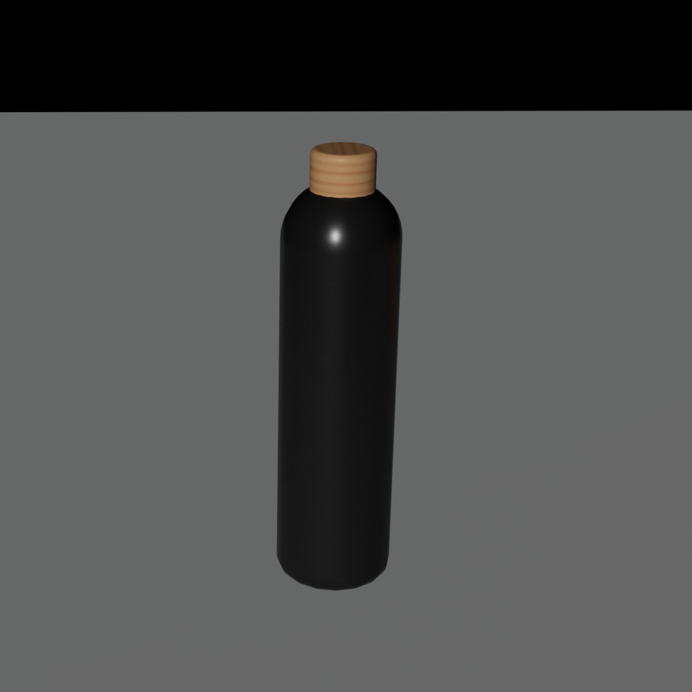 This is my attempt at 3D modelling the water bottle. The body of the bottle is made of metal coated in black, and the lid is wood. 